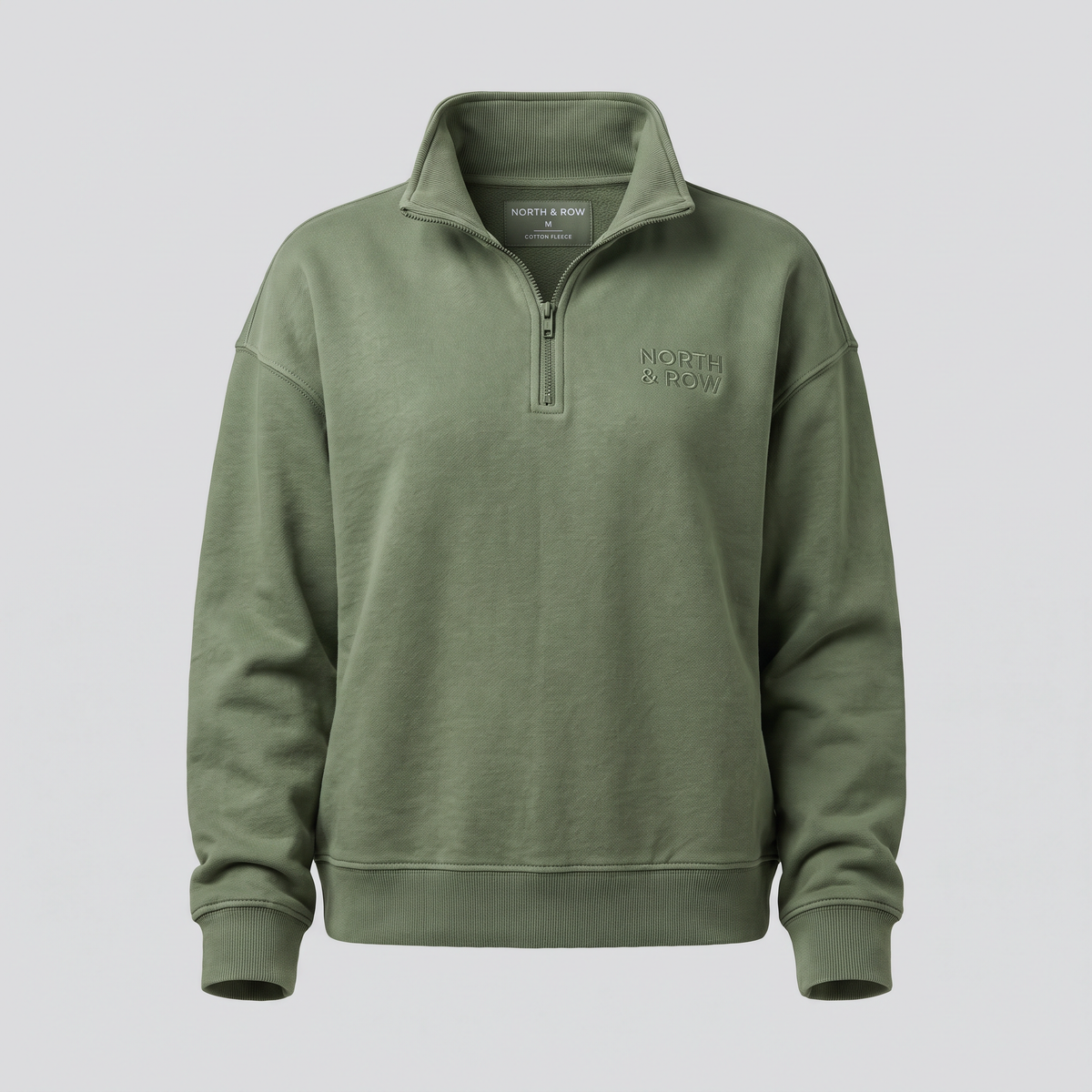 Demi-zip ample, vert mousse, vue de face — NORTH & ROW