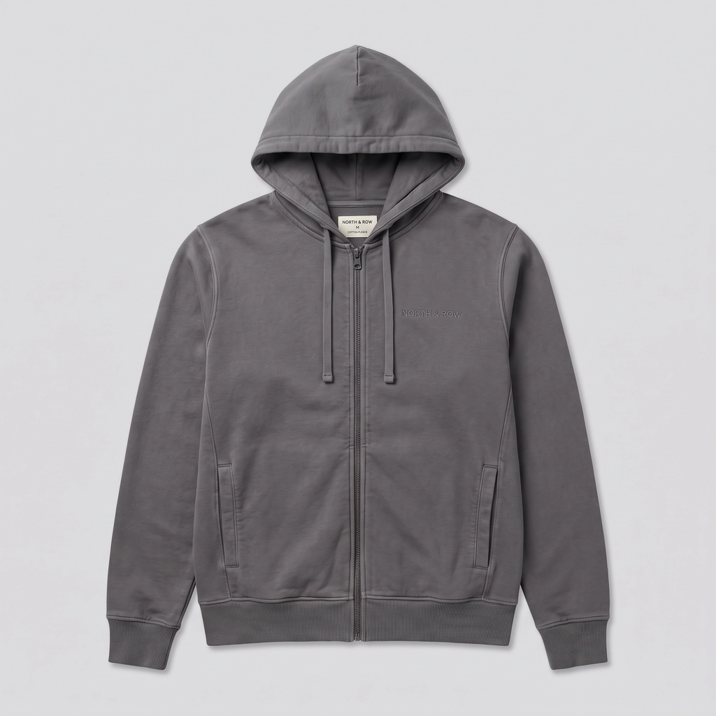 Sweat zippé à capuche, gris fer, vue de face — NORTH & ROW