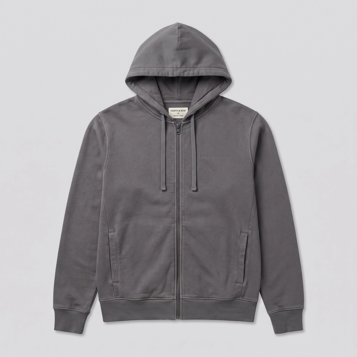 Sweat zippé à capuche, gris fer, vue de face — NORTH & ROW