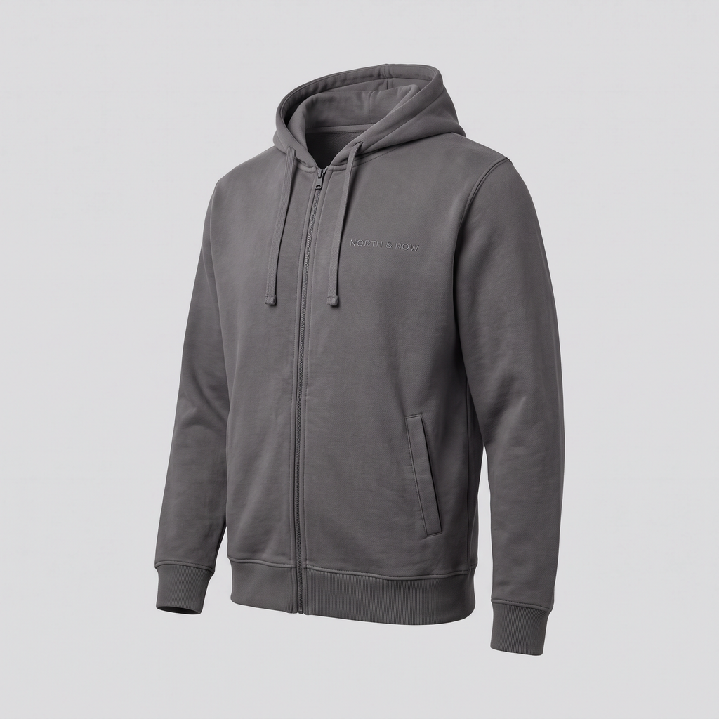 Sweat zippé à capuche, gris fer, vue de trois-quarts — NORTH & ROW