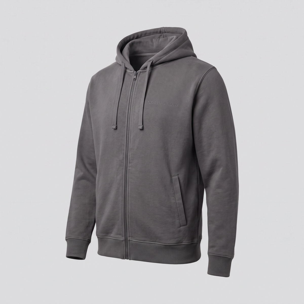 Sweat zippé à capuche, gris fer, vue de trois-quarts — NORTH & ROW