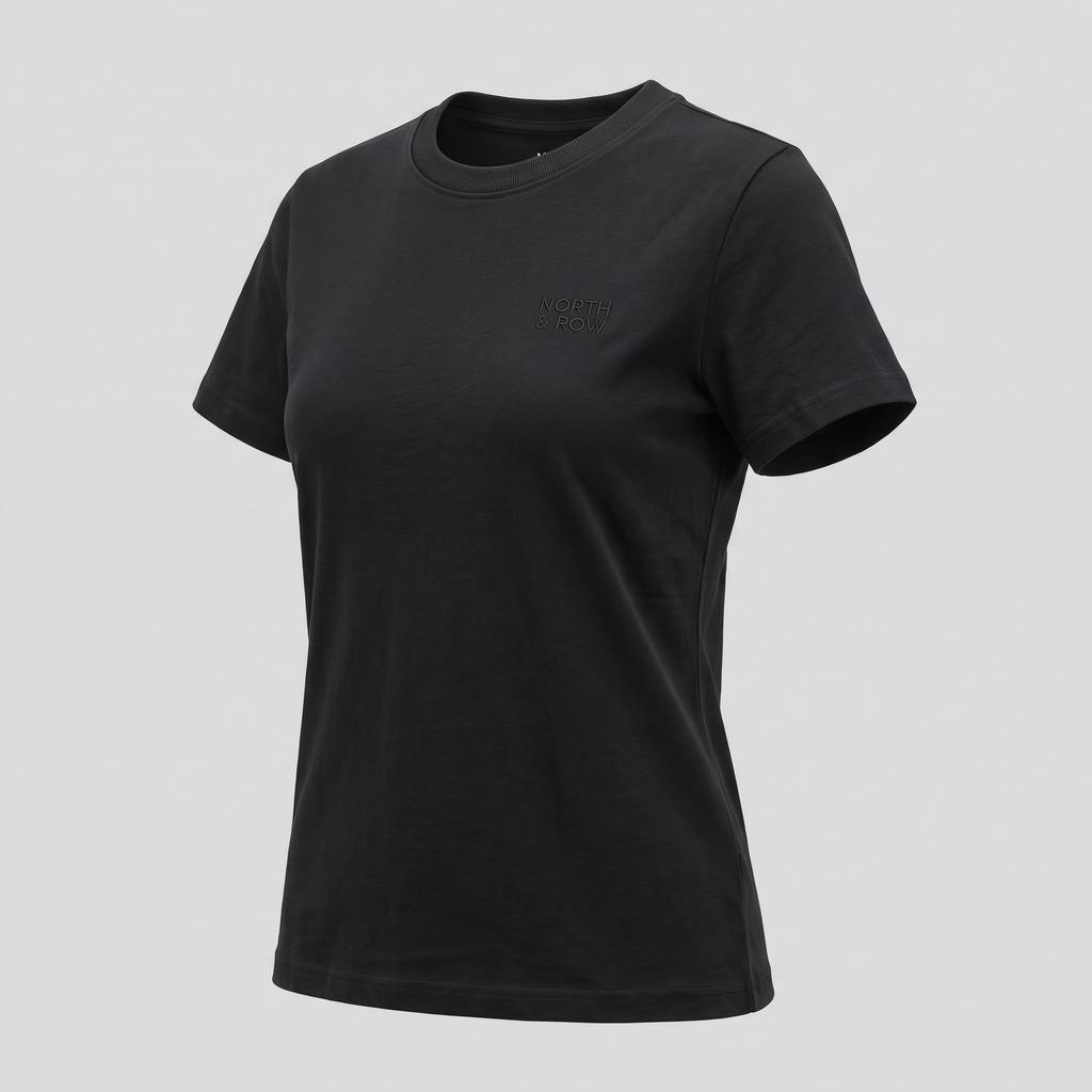 T-shirt col rond, noir, vue de trois-quarts — NORTH & ROW