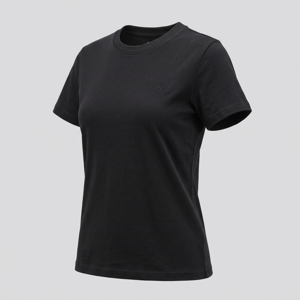 T-shirt col rond, noir, vue de trois-quarts — NORTH & ROW